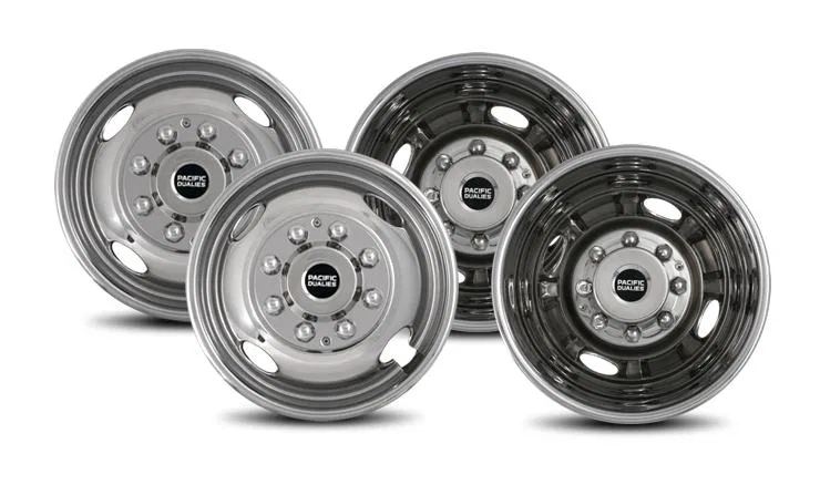 39-1608 – PACIFIC DUAL Wheel Simulator, Fits 16 Inch - 8 Lug, 4 Vent Holes Wheel Automatic Locking Hub Polished Stain...